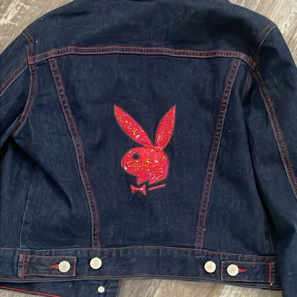Vintage Playboy Bunny Denim Jacket Pink Glittery Bunny Logo Women's M - Picture 2 of 10
